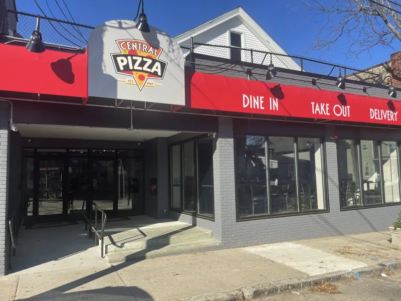 The red awning of Central Pizza at 55 Central Street, Southbridge